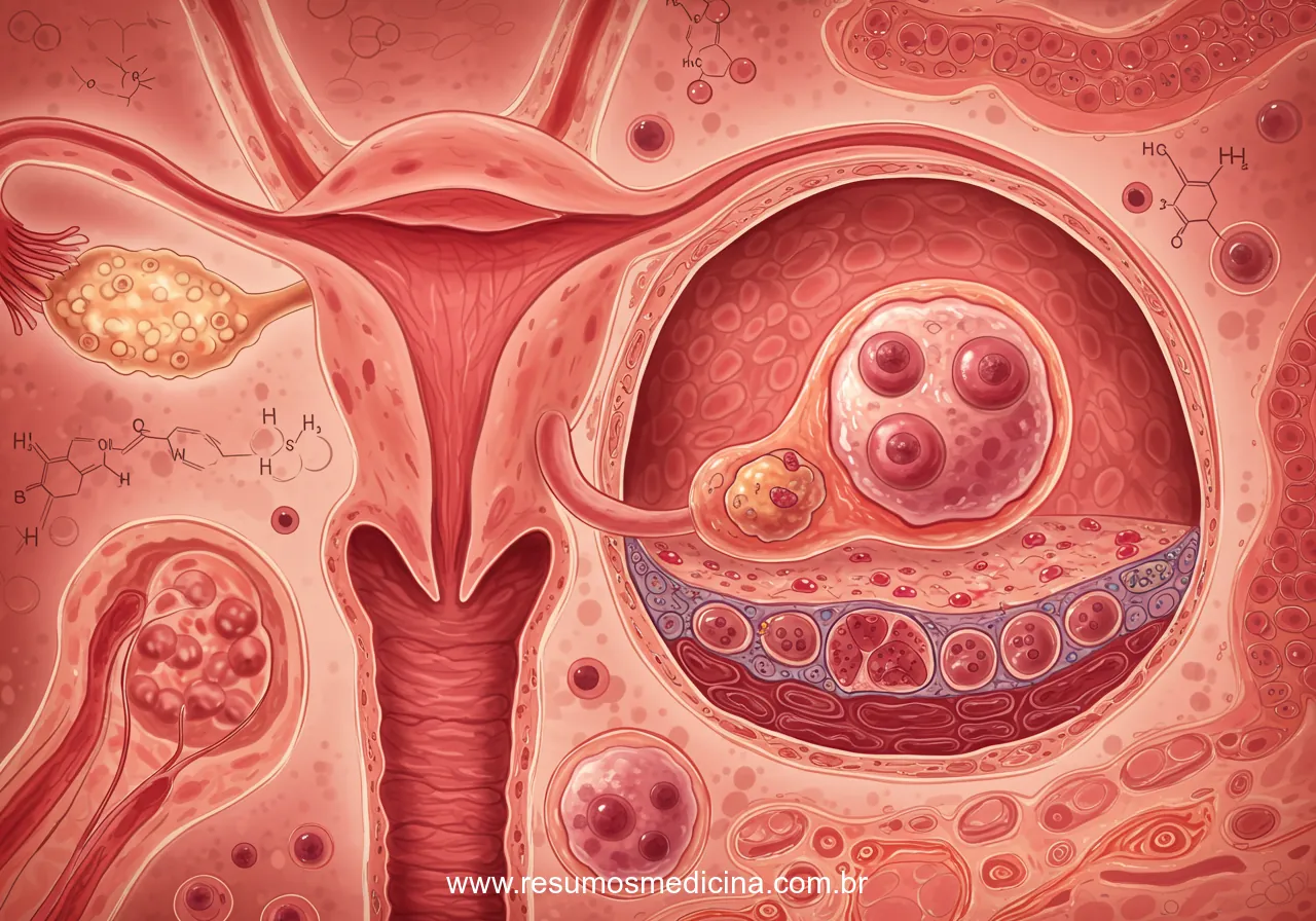 Representação do ciclo ovariano com um óvulo em destaque e detalhes do útero