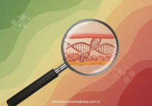 Uma lupa detalhada focando em uma estrutura abstrata representando tecido mamário e uma fita de DNA, com um fundo em gradiente simbolizando níveis de risco.
