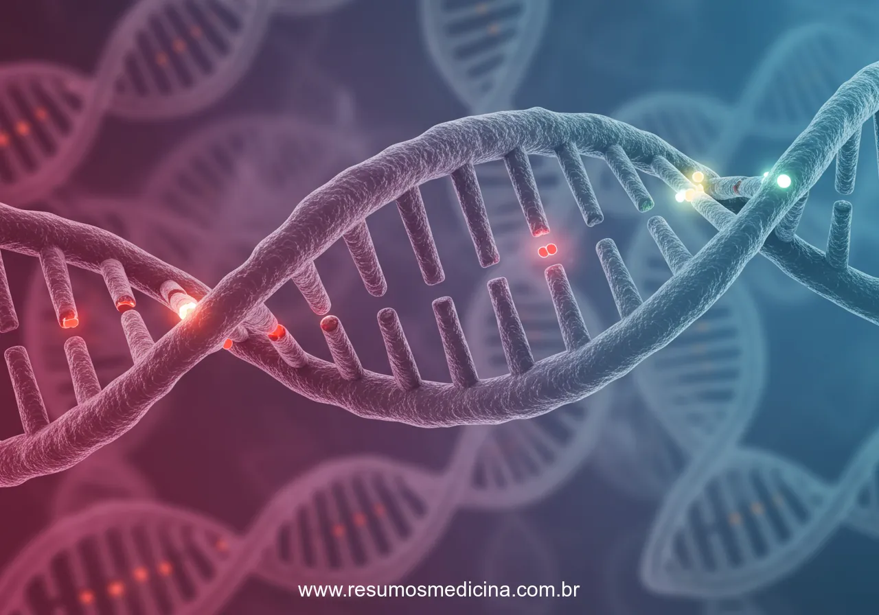 Ilustração de uma dupla hélice de DNA com segmentos brilhantes representando mutações genéticas.