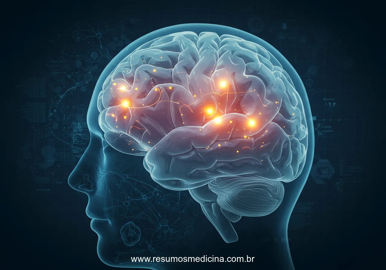 Ilustração de um cérebro humano semi-transparente com redes neurais e pontos de luz indicando atividade relacionada a cefaleias.