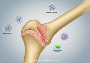 Osso longo com placa de crescimento e ícones simbólicos representando causas genéticas, hormonais, sistêmicas e nutricionais da baixa estatura.