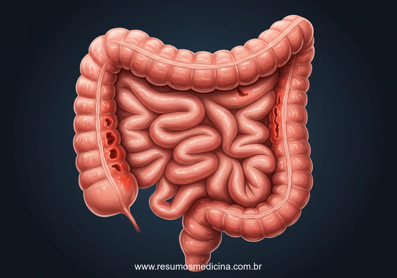 Ilustração médica de um segmento do intestino grosso humano mostrando megacólon tóxico, estenose, fístula e displasia.