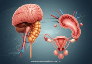 Ilustração do sistema endócrino com foco nas glândulas hipotálamo, hipófise e gônadas