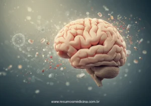 Ilustração de um cérebro humano detalhado cercado por símbolos abstratos representando fatores de risco do delirium.