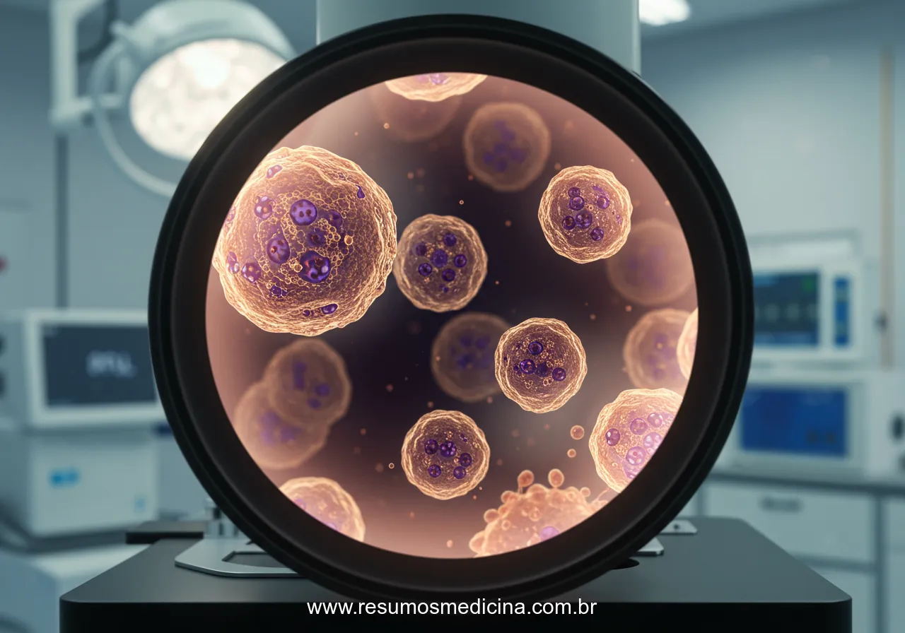 Células de melanoma ampliadas sob um microscópio