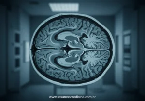 Imagem de ressonância magnética de um cérebro humano, vista de cima, com áreas específicas sutilmente destacadas.
