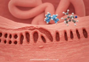 Ilustração ampliada da mucosa intestinal com vilosidades achatadas, uma molécula de proteína do leite e uma molécula de lactose flutuando próximas.