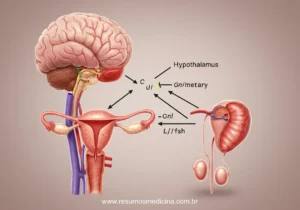 Representação anatômica do hipotálamo, hipófise e gônadas (ovário e testículo) interligados por vias hormonais, ilustrando o Eixo HHG.