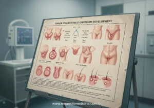 Um diagrama médico detalhado mostrando as representações visuais padronizadas dos estágios de Tanner para desenvolvimento mamário e pubiano.
