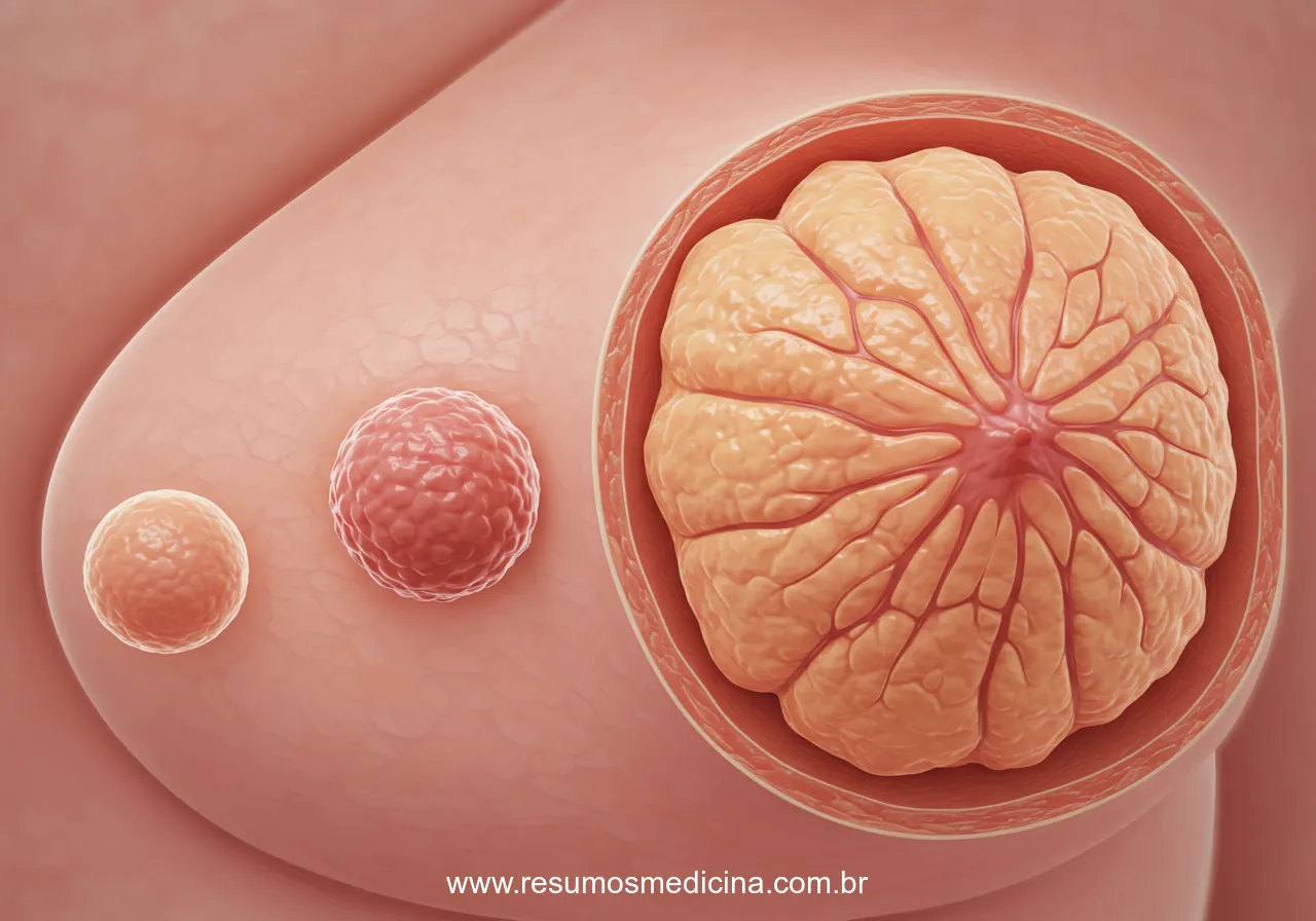 Ilustração de um corte transversal estilizado de tecido mamário mostrando um fibroadenoma pequeno e bem definido ao lado de um tumor phyllodes maior e com textura sutilmente folheada.