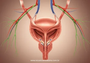 Ilustração anatômica da bexiga urinária com conexões neurais.