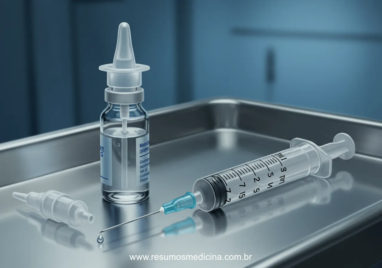 Seringa médica preenchida e aplicador intranasal sobre superfície estéril em ambiente clínico.