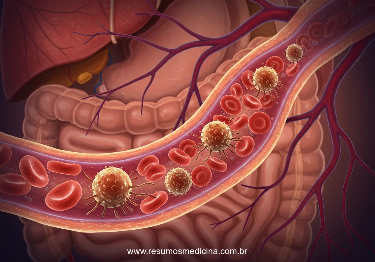 Ilustração da disseminação de células cancerígenas através dos vasos sanguíneos para diferentes órgãos do corpo.