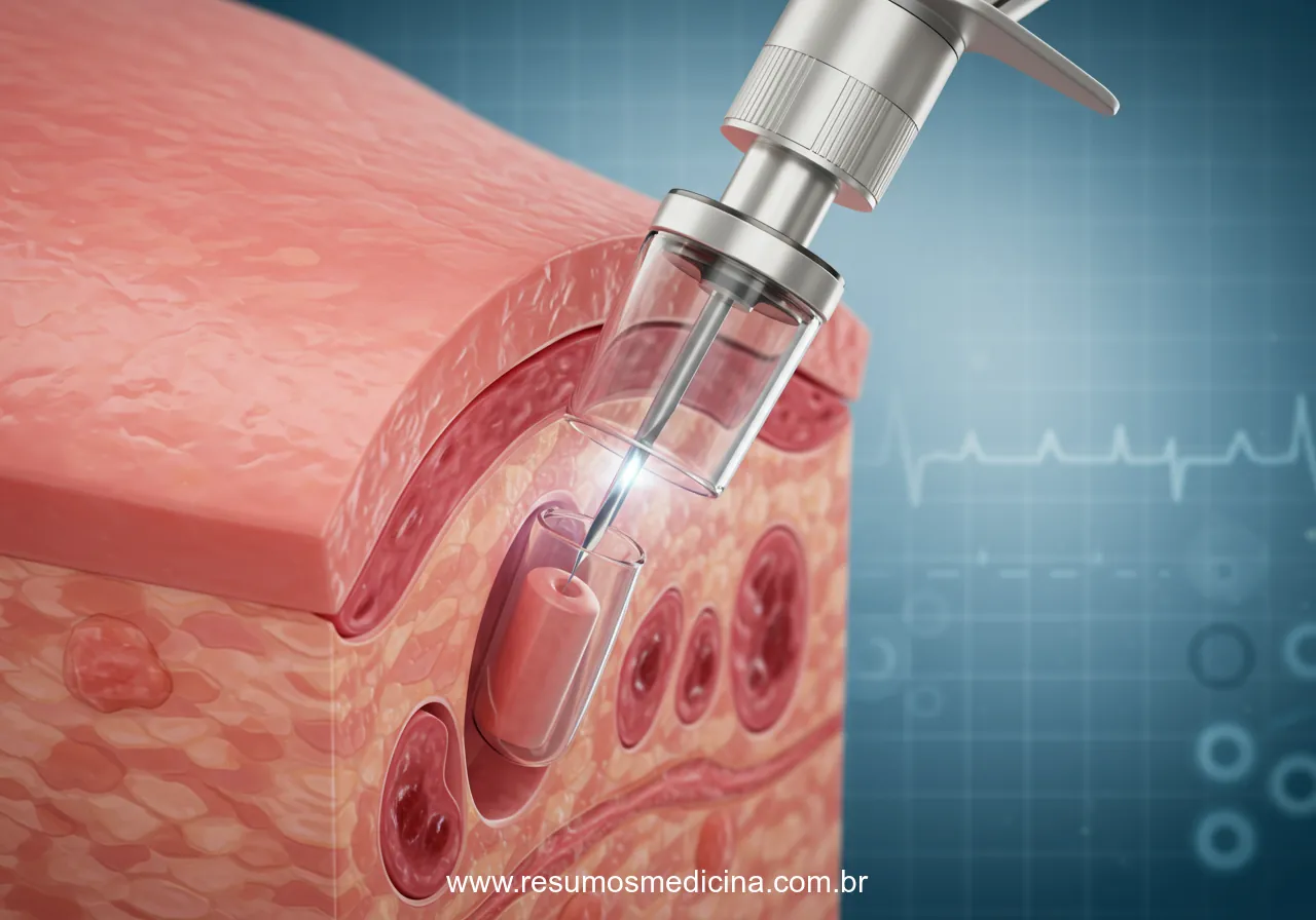 Ilustração de uma agulha de core biopsy extraindo uma amostra cilíndrica de tecido mamário estilizado sobre um fundo clínico.