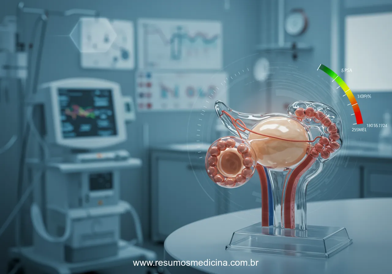 Modelo de próstata em vidro representando o rastreamento do câncer em ambiente médico