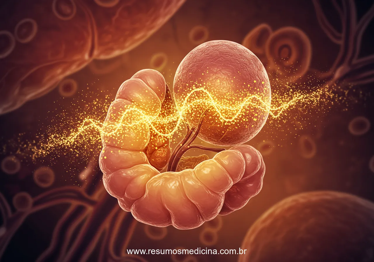 Ilustração da glândula adrenal liberando cortisol no sistema circulatório em resposta ao estresse.