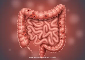 Representação anatômica do intestino grosso humano exibindo inflamação e ulcerações típicas da Retocolite Ulcerativa.